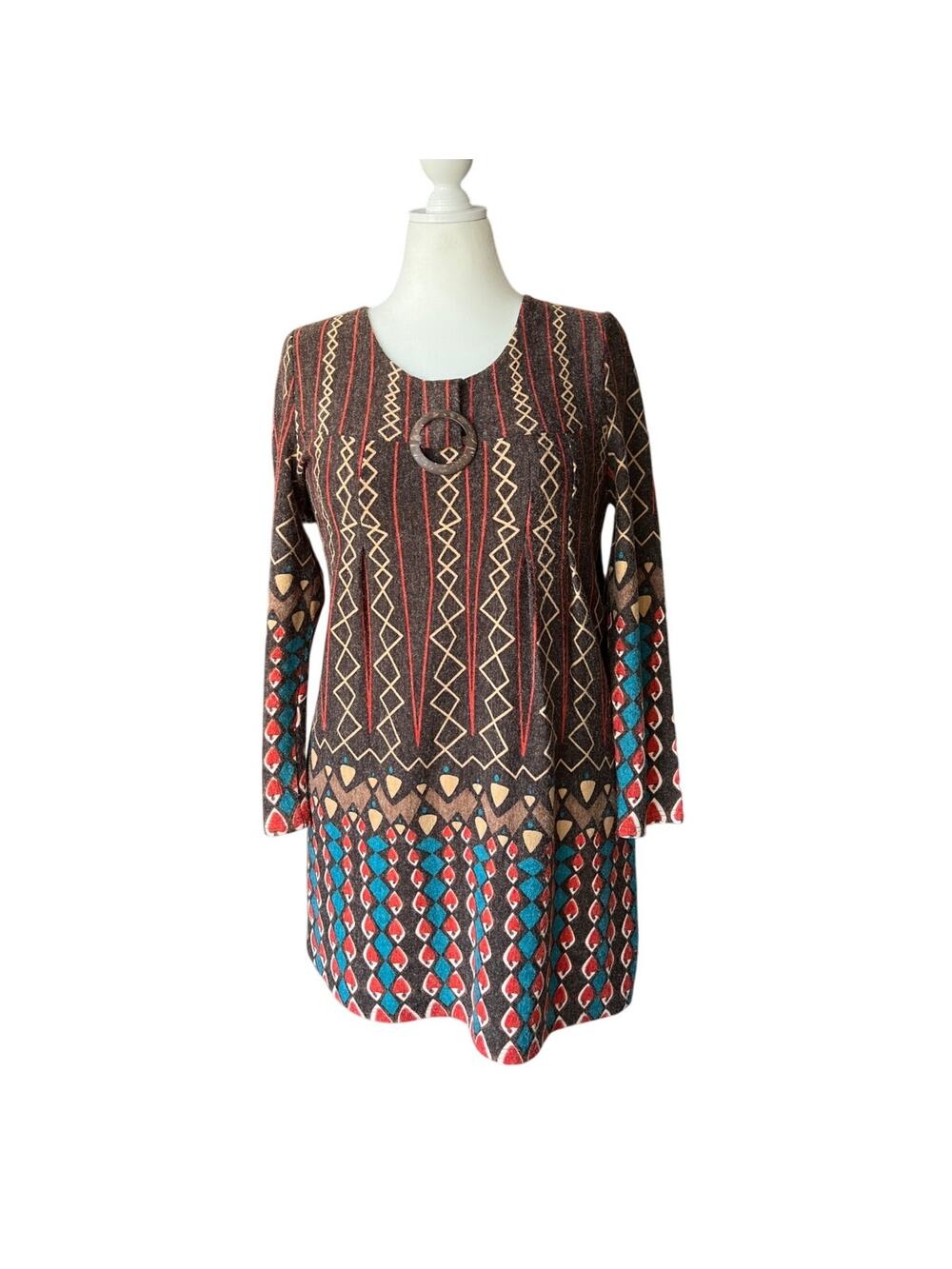 Cathaya Boho Brown Graphic Stretch Knit Tunic Women's Size L Cottage Hippie 70s